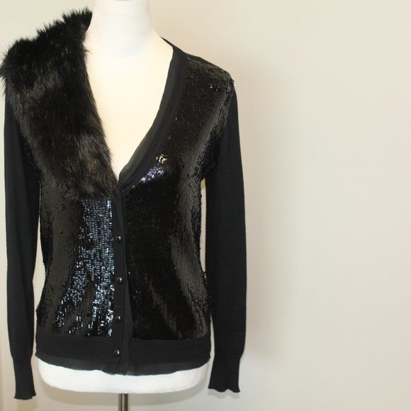 Jones New York, Wool Blend Faux Fur Sequin Button Front Black Sweater, PS - Picture 6 of 11